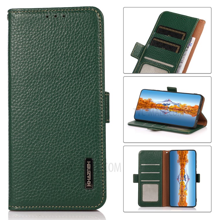 KHAZNEH Anti-Scratch Litchi Texture Genuine Leather Shell Case Stand with Anti-theft Swiping RFID Blocking for Samsung Galaxy A52 5G/4G - Green-10