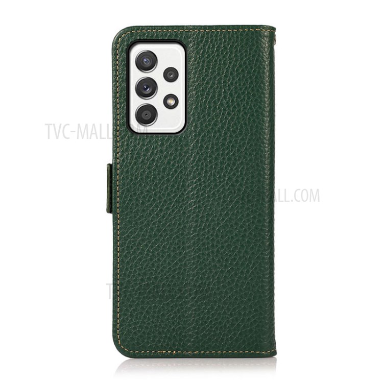 KHAZNEH Anti-Scratch Litchi Texture Genuine Leather Shell Case Stand with Anti-theft Swiping RFID Blocking for Samsung Galaxy A52 5G/4G - Green-4