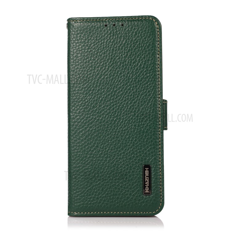 KHAZNEH Anti-Scratch Litchi Texture Genuine Leather Shell Case Stand with Anti-theft Swiping RFID Blocking for Samsung Galaxy A52 5G/4G - Green-5