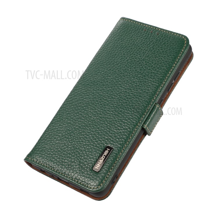 KHAZNEH Anti-Scratch Litchi Texture Genuine Leather Shell Case Stand with Anti-theft Swiping RFID Blocking for Samsung Galaxy A52 5G/4G - Green-6