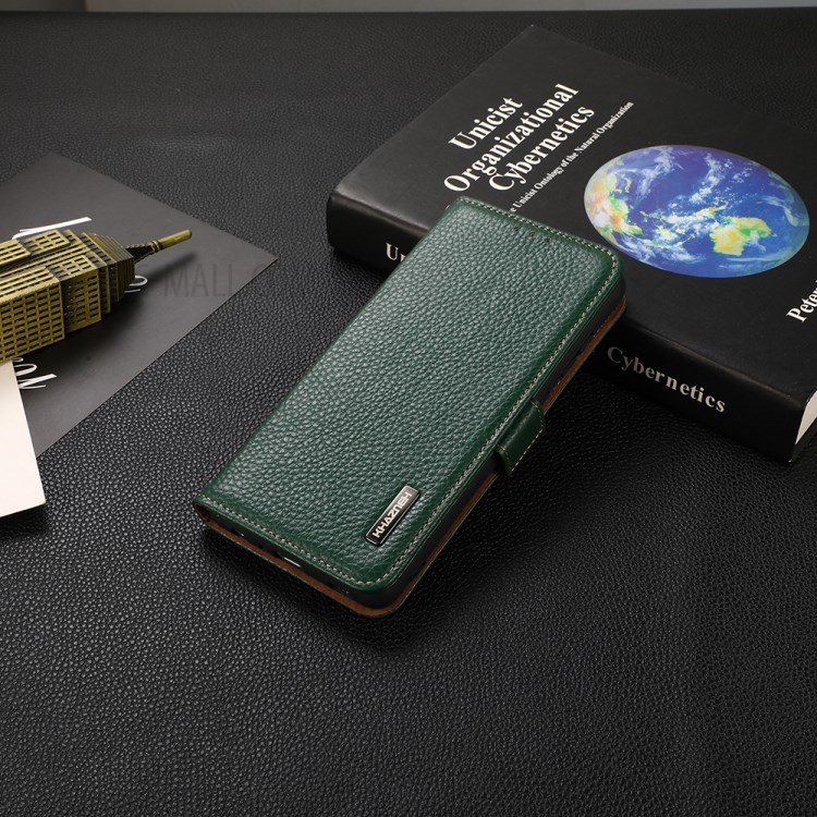 KHAZNEH Anti-Scratch Litchi Texture Genuine Leather Shell Case Stand with Anti-theft Swiping RFID Blocking for Samsung Galaxy A52 5G/4G - Green-7