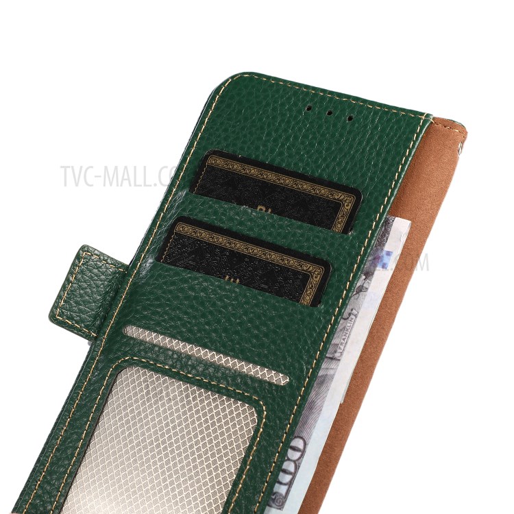 KHAZNEH Anti-Scratch Litchi Texture Genuine Leather Shell Case Stand with Anti-theft Swiping RFID Blocking for Samsung Galaxy A52 5G/4G - Green-9