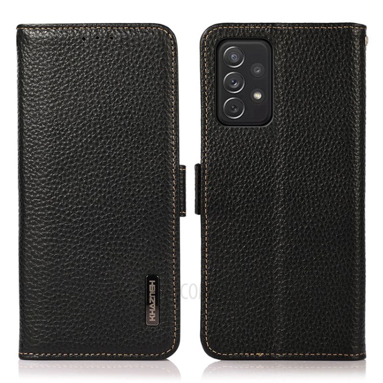 KHAZNEH Litchi Skin Wallet Stand Design Genuine Leather Mobile Phone Shell Case with RFID Blocking for Samsung Galaxy A72 5G/4G - Black-1