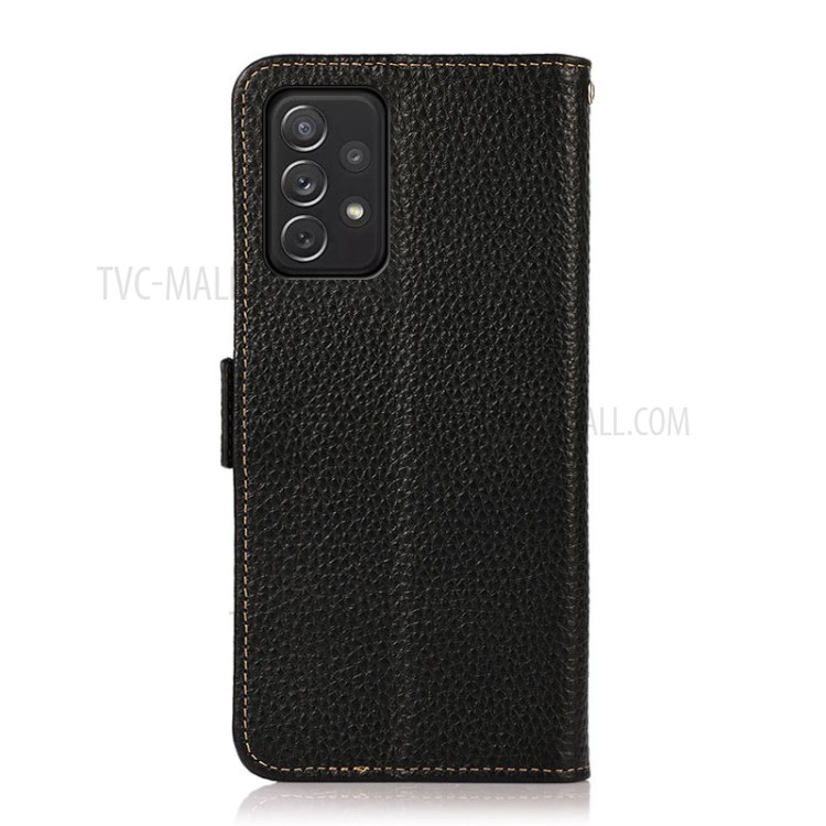 KHAZNEH Litchi Skin Wallet Stand Design Genuine Leather Mobile Phone Shell Case with RFID Blocking for Samsung Galaxy A72 5G/4G - Black-4