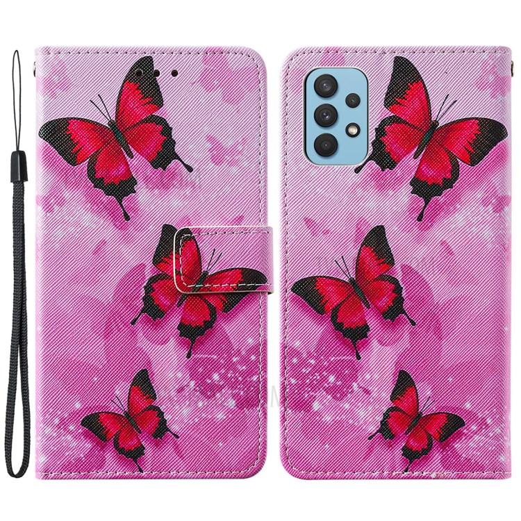 Cross Texture Leather Wallet Stand Design Pattern Printing Phone Protective Case for Samsung Galaxy A32 4G - Red Butterfly-1