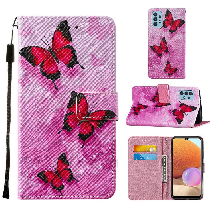 Cross Texture Leather Wallet Stand Design Pattern Printing Phone Protective Case for Samsung Galaxy A32 4G - Red Butterfly-10