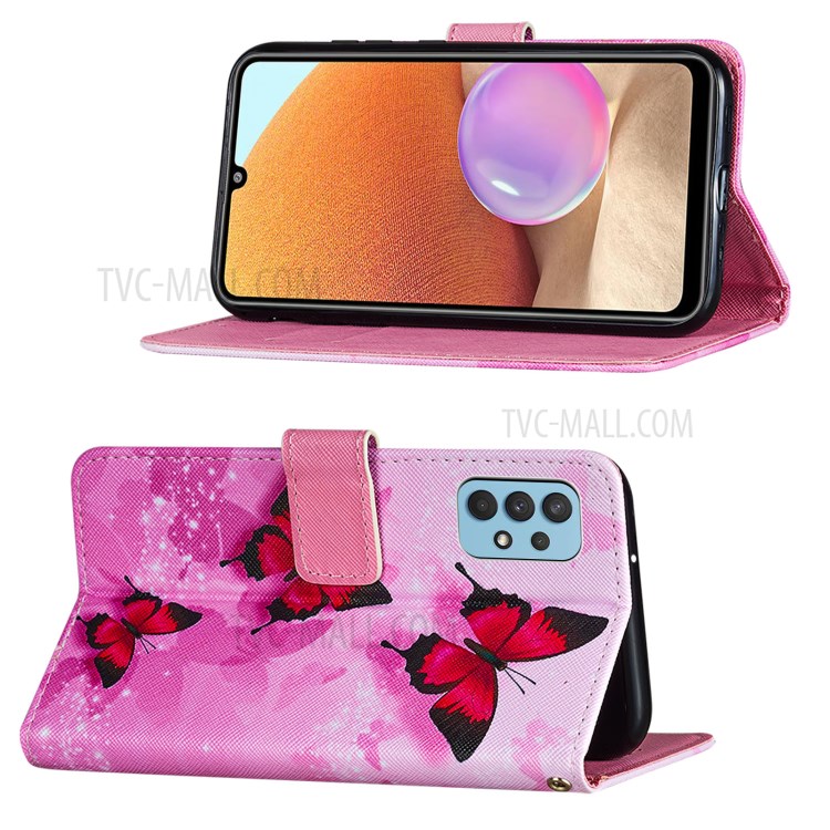 Cross Texture Leather Wallet Stand Design Pattern Printing Phone Protective Case for Samsung Galaxy A32 4G - Red Butterfly-3