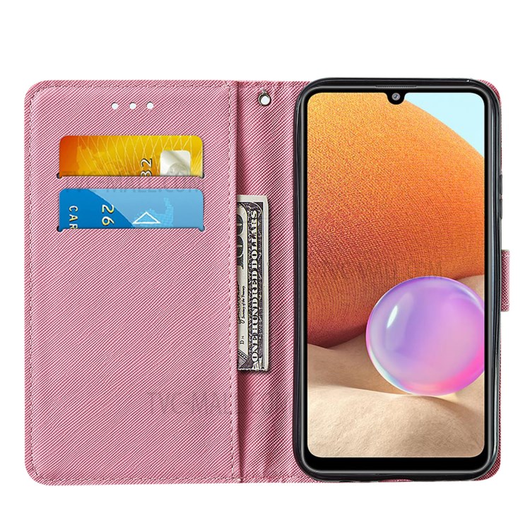 Cross Texture Leather Wallet Stand Design Pattern Printing Phone Protective Case for Samsung Galaxy A32 4G - Red Butterfly-4