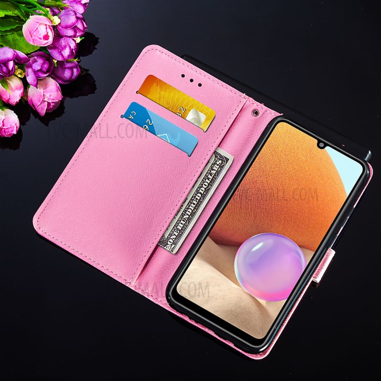Cross Texture Leather Wallet Stand Design Pattern Printing Phone Protective Case for Samsung Galaxy A32 4G - Red Butterfly-5