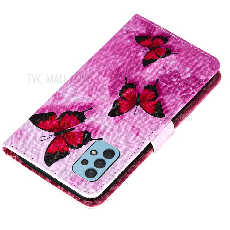 Cross Texture Leather Wallet Stand Design Pattern Printing Phone Protective Case for Samsung Galaxy A32 4G - Red Butterfly-6