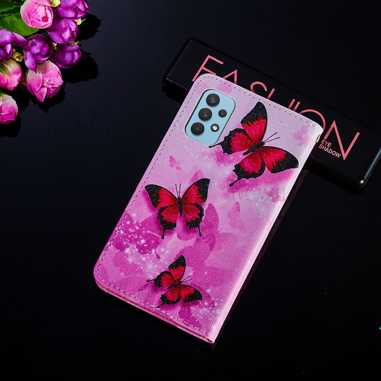 Cross Texture Leather Wallet Stand Design Pattern Printing Phone Protective Case for Samsung Galaxy A32 4G - Red Butterfly-8