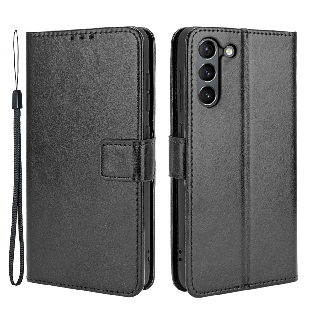 Crazy Horse Skin with Wallet Stand Leather Shell with Strap for Samsung Galaxy S21 FE - Black-1