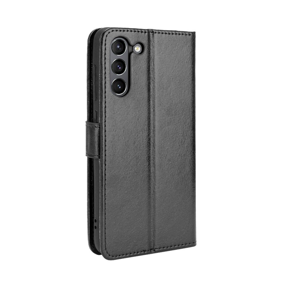 Crazy Horse Skin with Wallet Stand Leather Shell with Strap for Samsung Galaxy S21 FE - Black-4