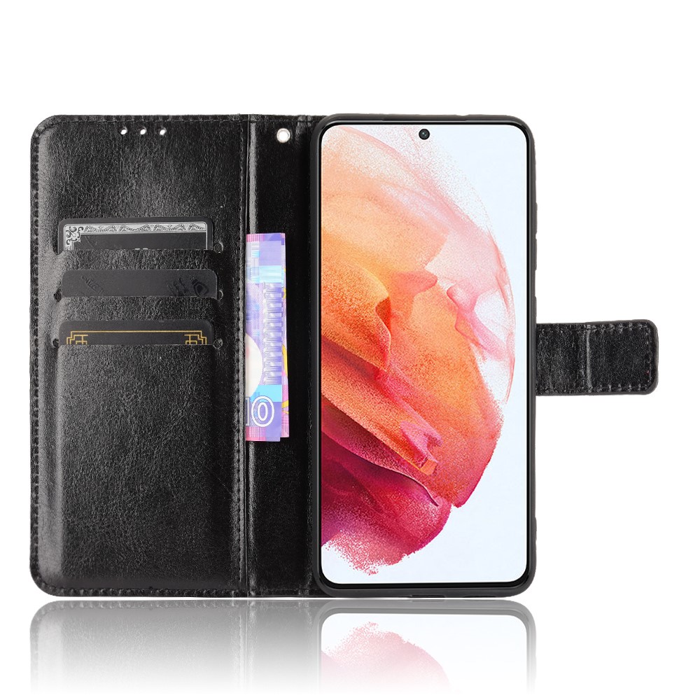 Crazy Horse Skin with Wallet Stand Leather Shell with Strap for Samsung Galaxy S21 FE - Black-5