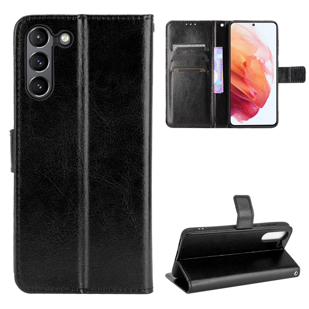 Crazy Horse Skin with Wallet Stand Leather Shell with Strap for Samsung Galaxy S21 FE - Black-7