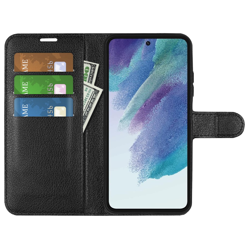 Wallet Design Litchi Texture Leather Phone Case Folio Flip Cover with Stand for Samsung Galaxy S21 FE - Black-2