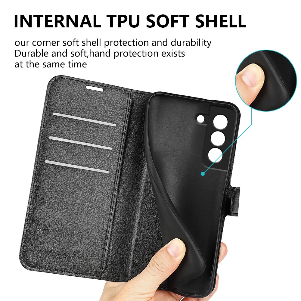 Wallet Design Litchi Texture Leather Phone Case Folio Flip Cover with Stand for Samsung Galaxy S21 FE - Black-6