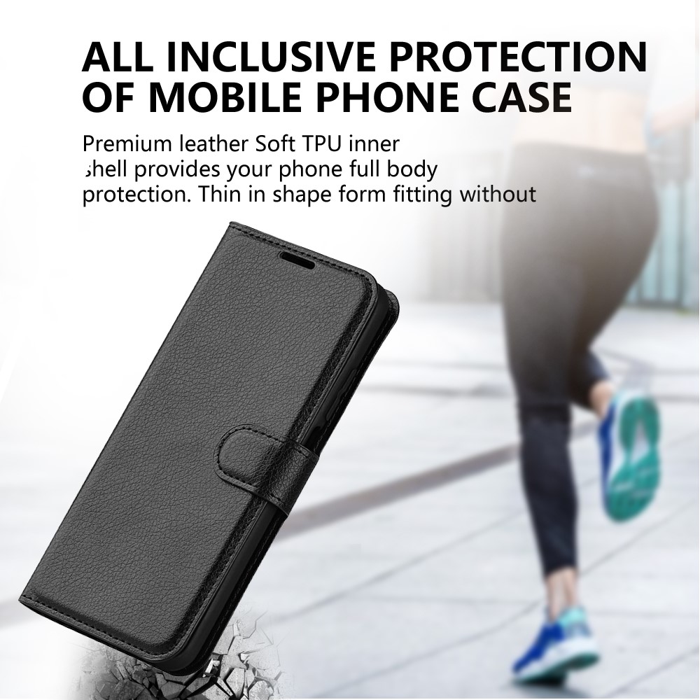 Wallet Design Litchi Texture Leather Phone Case Folio Flip Cover with Stand for Samsung Galaxy S21 FE - Black-7