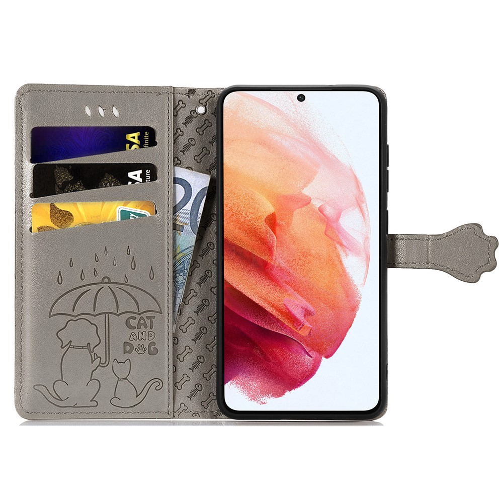 Imprinting Cat Dog Pattern Design Leather Stand Phone Case for Samsung Galaxy S21 FE - Grey-3