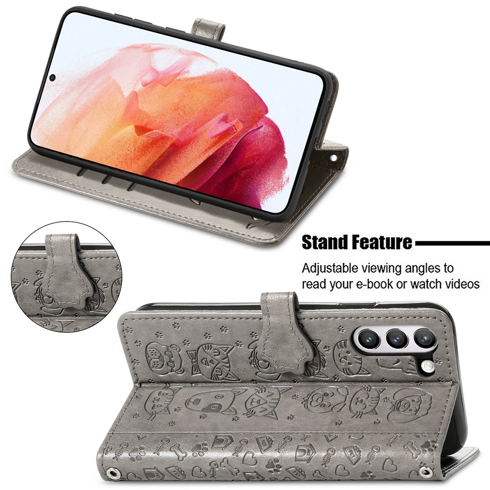 Imprinting Cat Dog Pattern Design Leather Stand Phone Case for Samsung Galaxy S21 FE - Grey-4