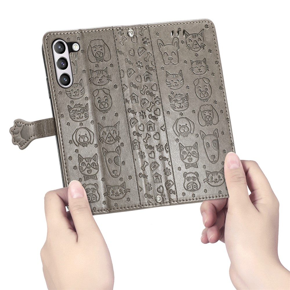 Imprinting Cat Dog Pattern Design Leather Stand Phone Case for Samsung Galaxy S21 FE - Grey-7