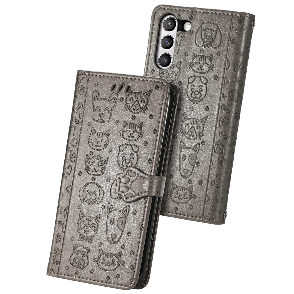 Imprinting Cat Dog Pattern Design Leather Stand Phone Case for Samsung Galaxy S21 FE - Grey-8