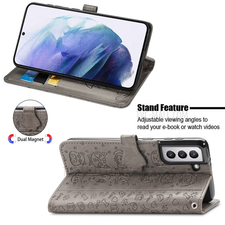 Imprinting Cat Dog Pattern Design Magnetic Leather Stand Case for Samsung Galaxy S21 5G - Grey-4