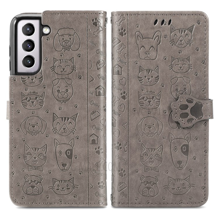 Imprinting Cat Dog Pattern Design Magnetic Leather Stand Case for Samsung Galaxy S21+ 5G - Grey-1
