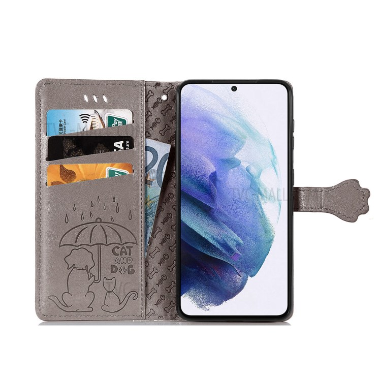 Imprinting Cat Dog Pattern Design Magnetic Leather Stand Case for Samsung Galaxy S21+ 5G - Grey-11