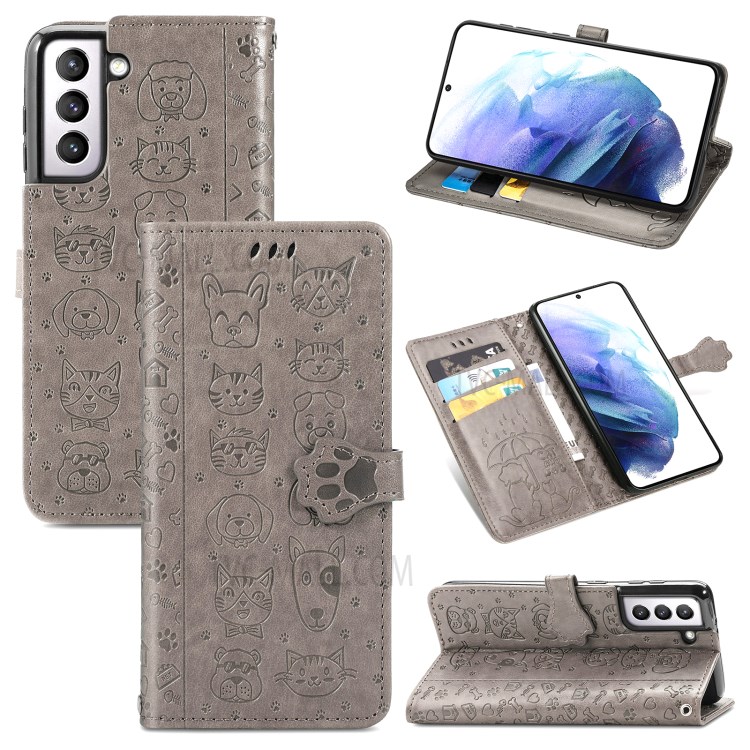 Imprinting Cat Dog Pattern Design Magnetic Leather Stand Case for Samsung Galaxy S21+ 5G - Grey-12