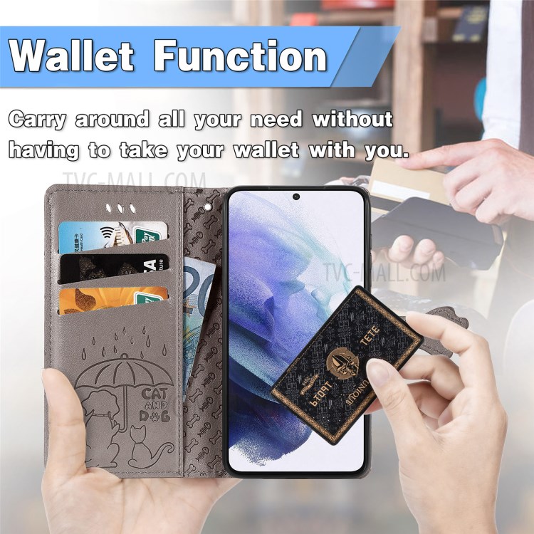 Imprinting Cat Dog Pattern Design Magnetic Leather Stand Case for Samsung Galaxy S21+ 5G - Grey-6