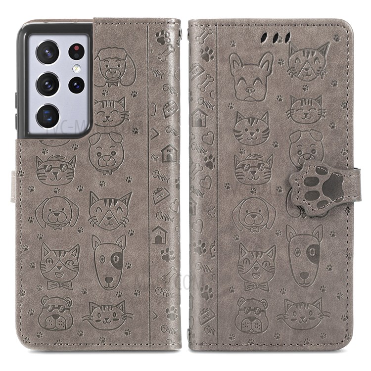 Imprinting Cat Dog Pattern Design Magnetic Leather Stand Case for Samsung Galaxy S21 Ultra 5G - Grey-1