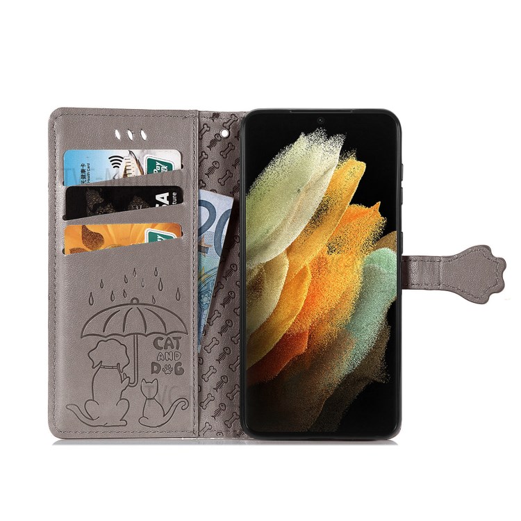 Imprinting Cat Dog Pattern Design Magnetic Leather Stand Case for Samsung Galaxy S21 Ultra 5G - Grey-11