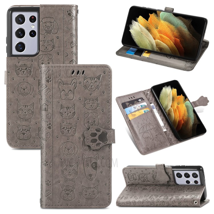 Imprinting Cat Dog Pattern Design Magnetic Leather Stand Case for Samsung Galaxy S21 Ultra 5G - Grey-12