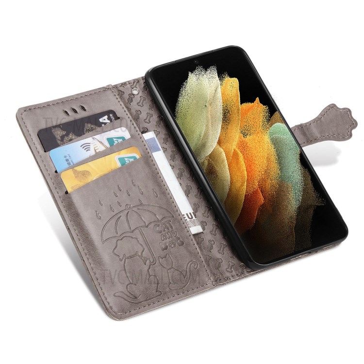 Imprinting Cat Dog Pattern Design Magnetic Leather Stand Case for Samsung Galaxy S21 Ultra 5G - Grey-4