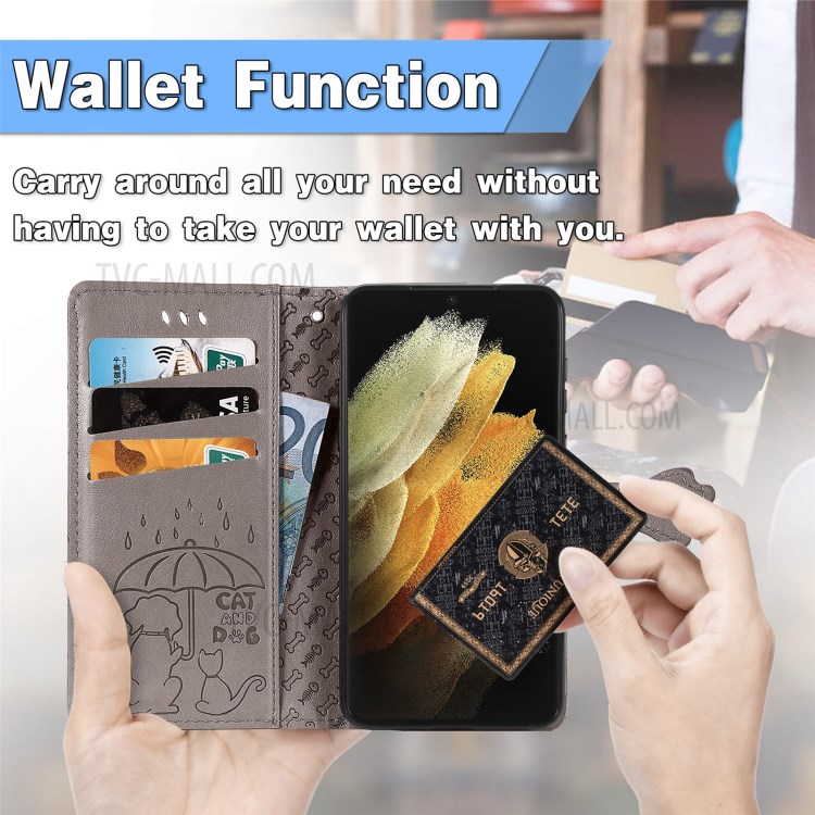 Imprinting Cat Dog Pattern Design Magnetic Leather Stand Case for Samsung Galaxy S21 Ultra 5G - Grey-6