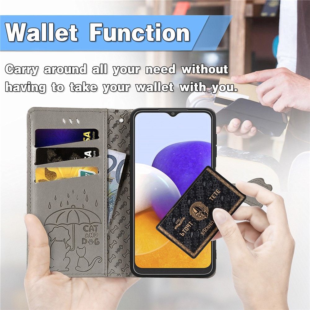 Imprinting Cat Dog Pattern Design Magnetic Leather Stand Case for Samsung Galaxy A22 4G (EU Version) - Grey-8