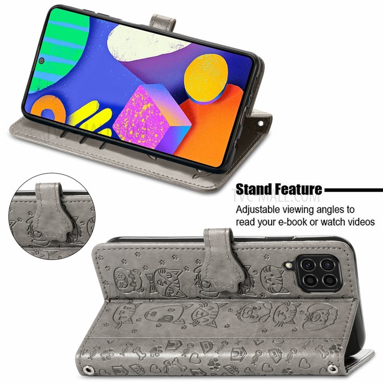 Imprinting Cat Dog Pattern Design Magnetic Leather Stand Case for Samsung Galaxy F62/M62 - Grey-3