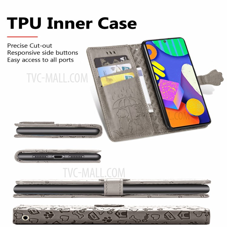 Imprinting Cat Dog Pattern Design Magnetic Leather Stand Case for Samsung Galaxy F62/M62 - Grey-4