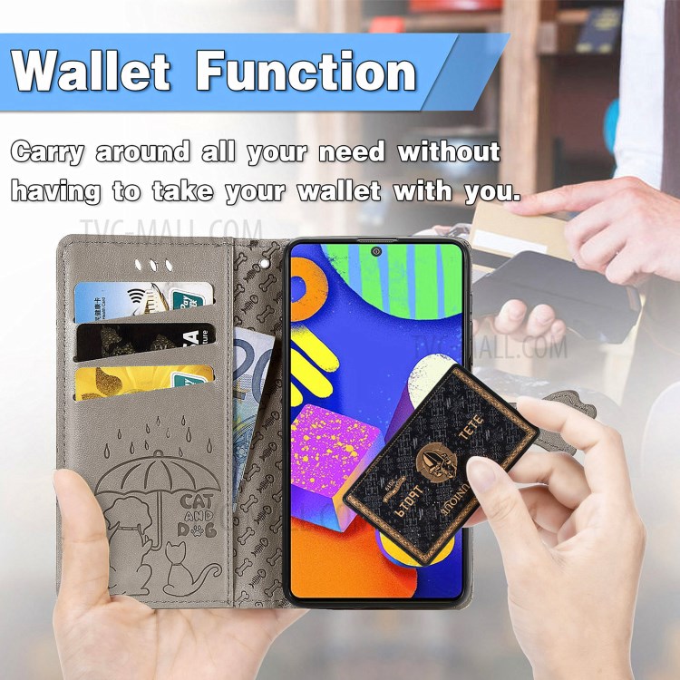 Imprinting Cat Dog Pattern Design Magnetic Leather Stand Case for Samsung Galaxy F62/M62 - Grey-5