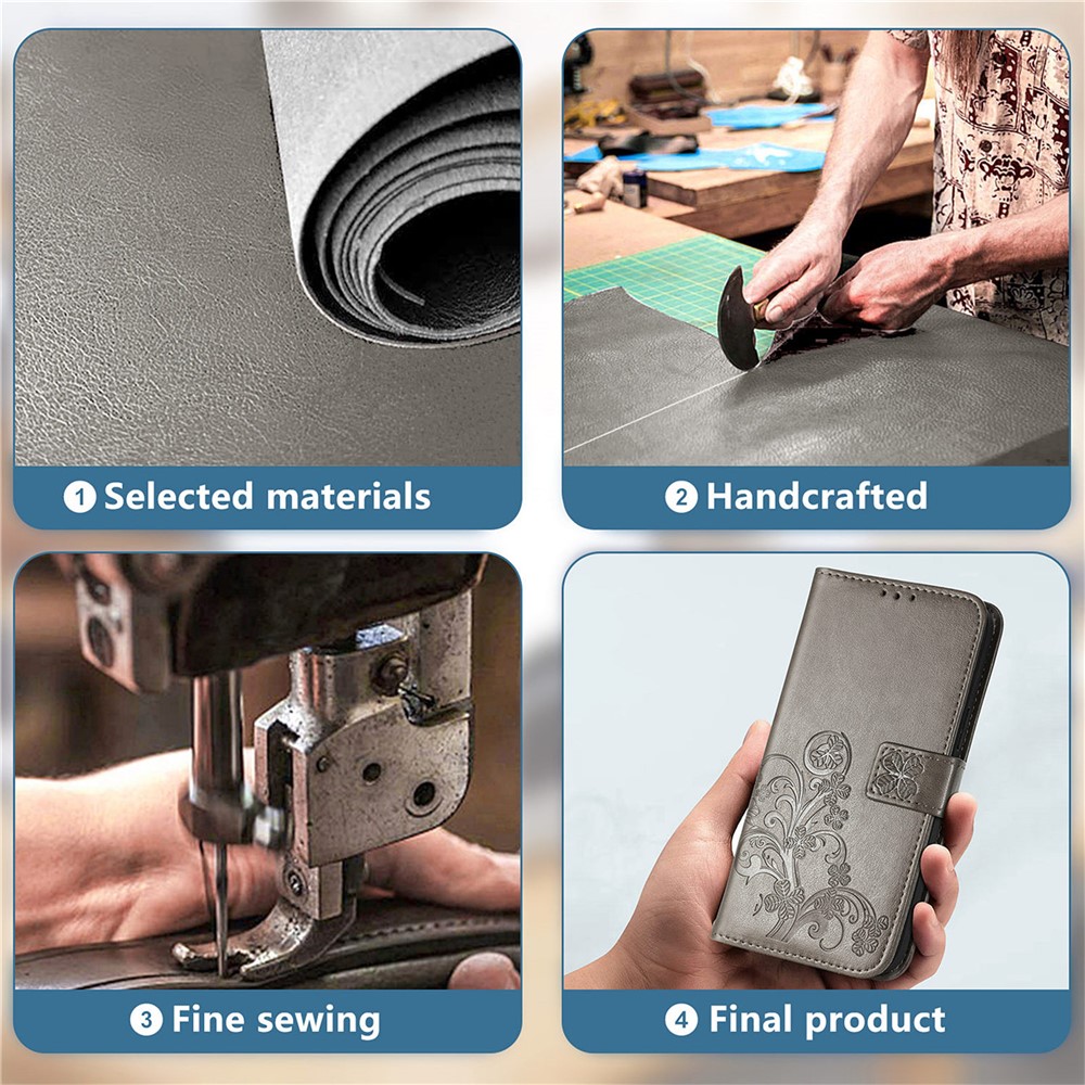 Clover Pattern Imprinting Full Protection Leather Case with Wallet Stand Design for Samsung Galaxy A22 4G (EU Version) - Grey-10