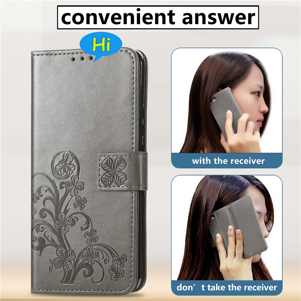 Clover Pattern Imprinting Full Protection Leather Case with Wallet Stand Design for Samsung Galaxy A22 4G (EU Version) - Grey-11