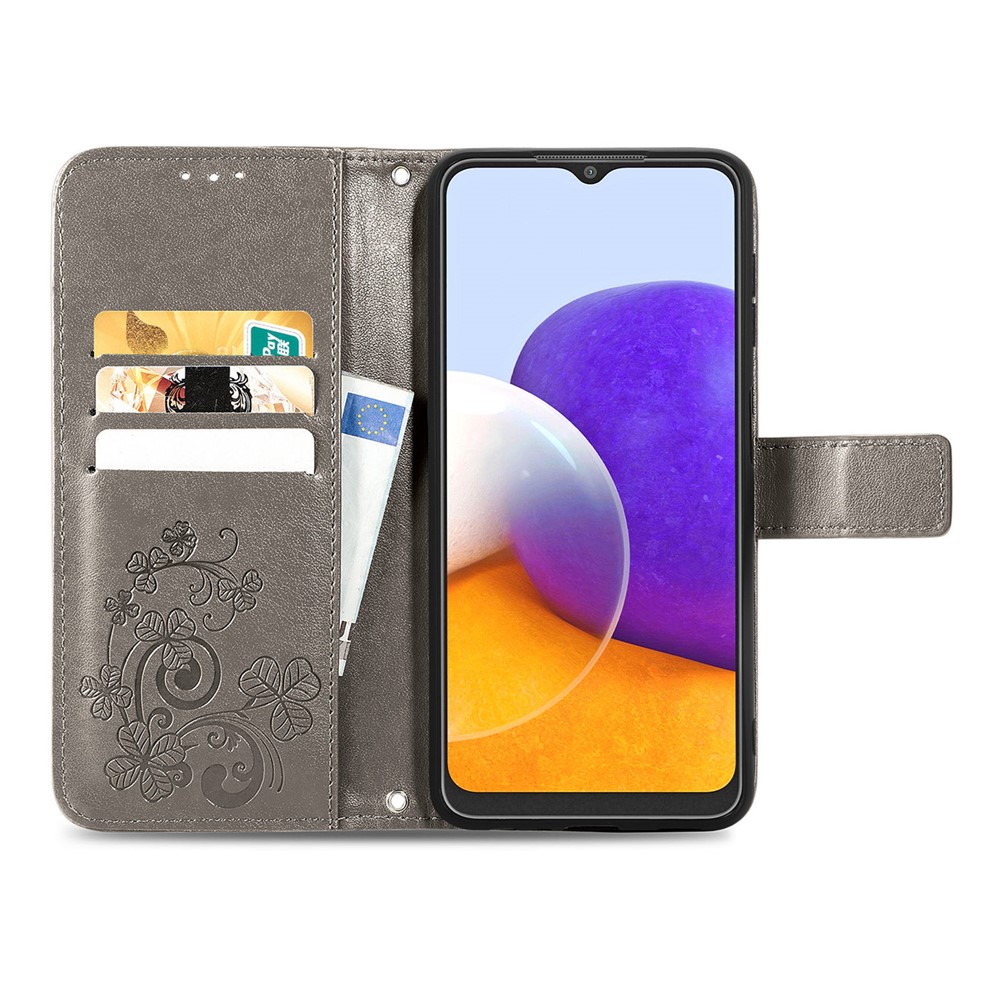 Clover Pattern Imprinting Full Protection Leather Case with Wallet Stand Design for Samsung Galaxy A22 4G (EU Version) - Grey-12