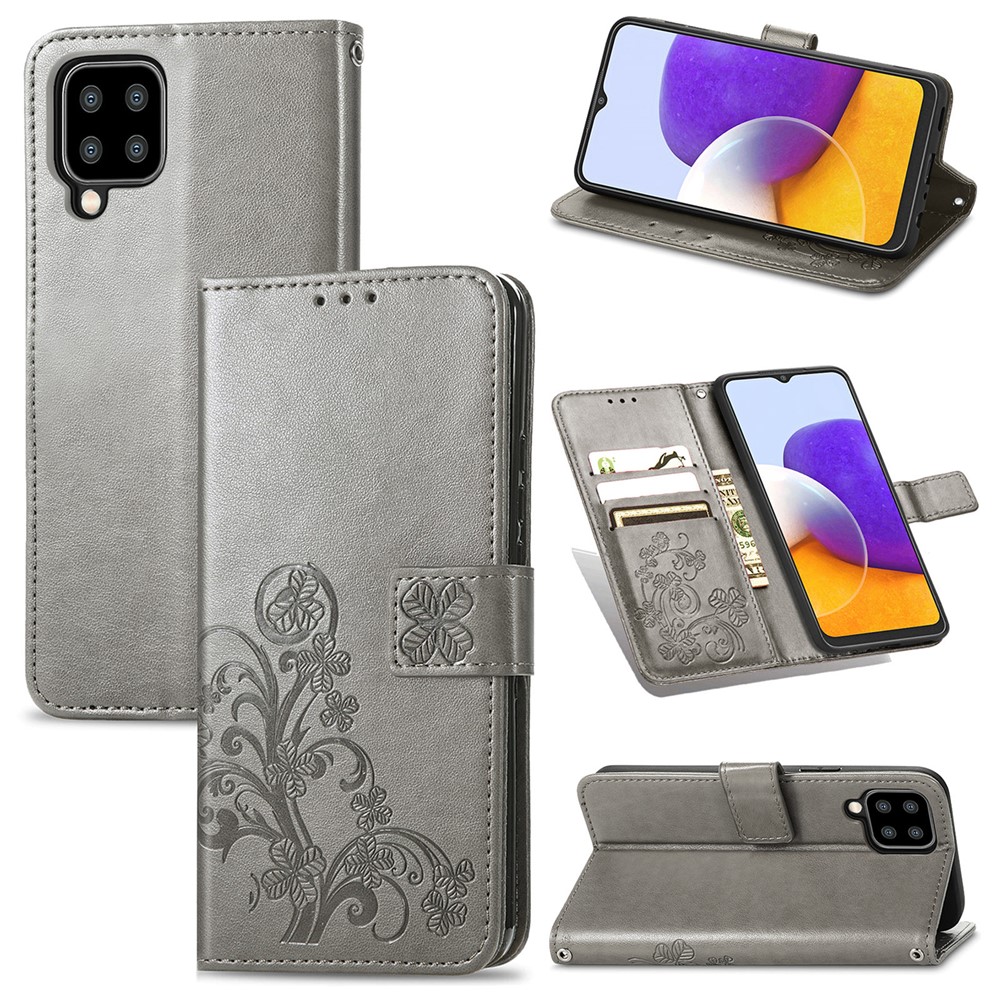 Clover Pattern Imprinting Full Protection Leather Case with Wallet Stand Design for Samsung Galaxy A22 4G (EU Version) - Grey-13