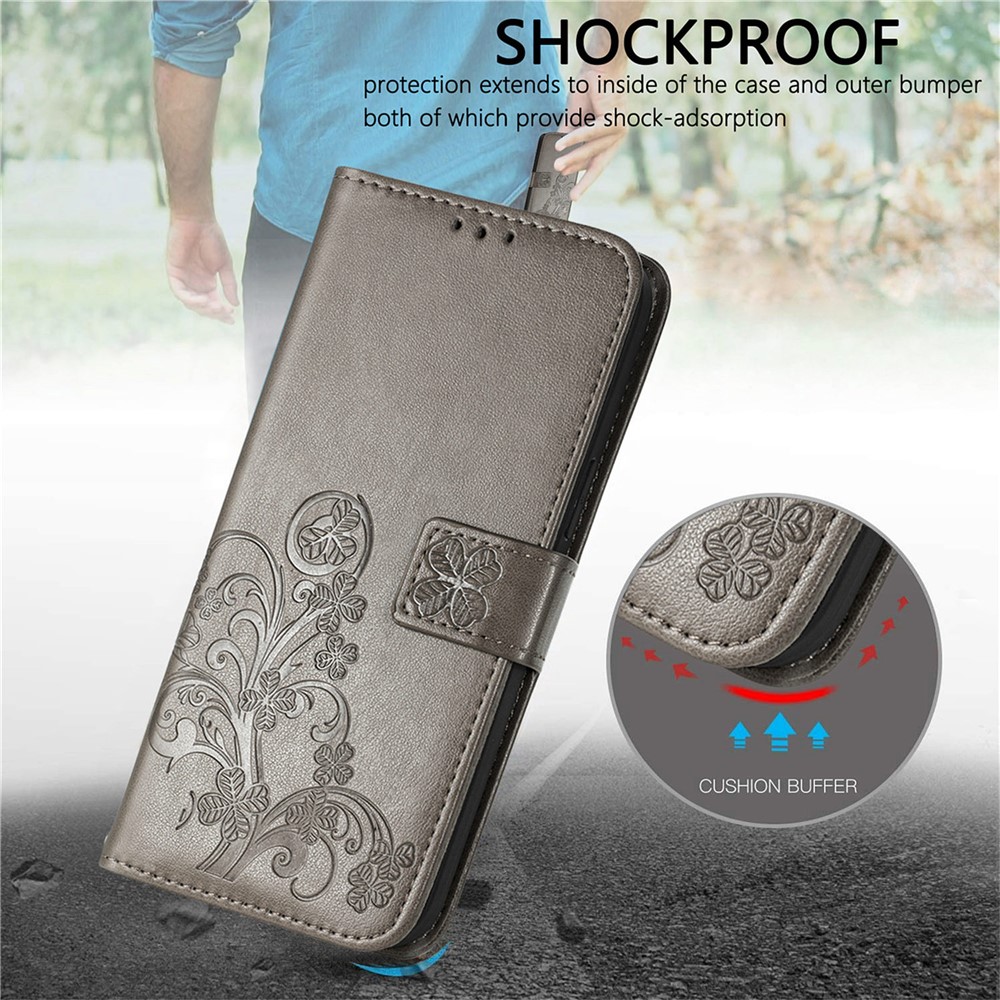 Clover Pattern Imprinting Full Protection Leather Case with Wallet Stand Design for Samsung Galaxy A22 4G (EU Version) - Grey-3
