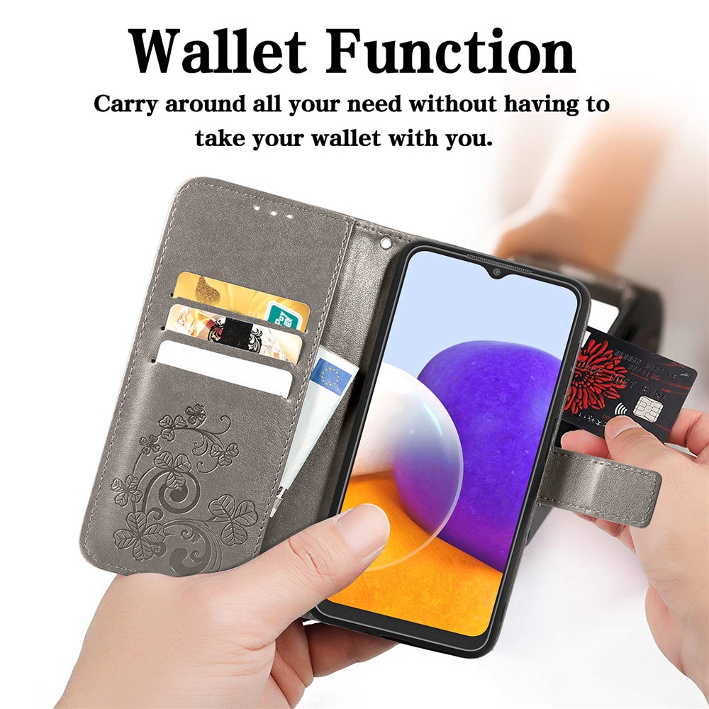 Clover Pattern Imprinting Full Protection Leather Case with Wallet Stand Design for Samsung Galaxy A22 4G (EU Version) - Grey-4