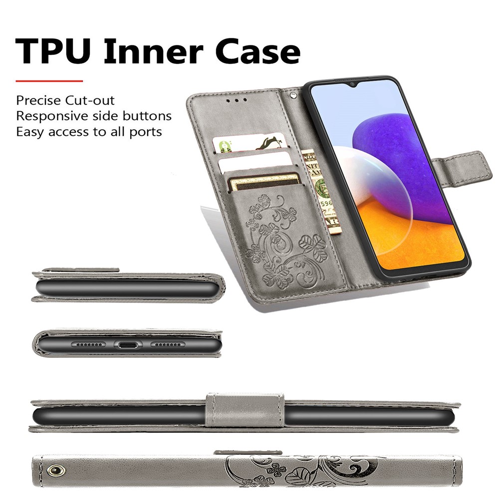 Clover Pattern Imprinting Full Protection Leather Case with Wallet Stand Design for Samsung Galaxy A22 4G (EU Version) - Grey-5
