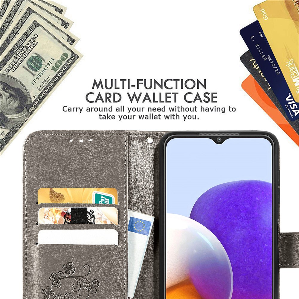 Clover Pattern Imprinting Full Protection Leather Case with Wallet Stand Design for Samsung Galaxy A22 4G (EU Version) - Grey-7