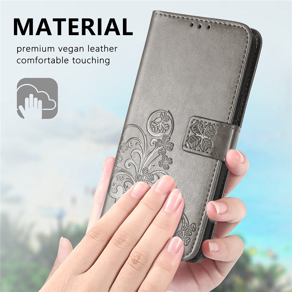 Clover Pattern Imprinting Full Protection Leather Case with Wallet Stand Design for Samsung Galaxy A22 4G (EU Version) - Grey-9