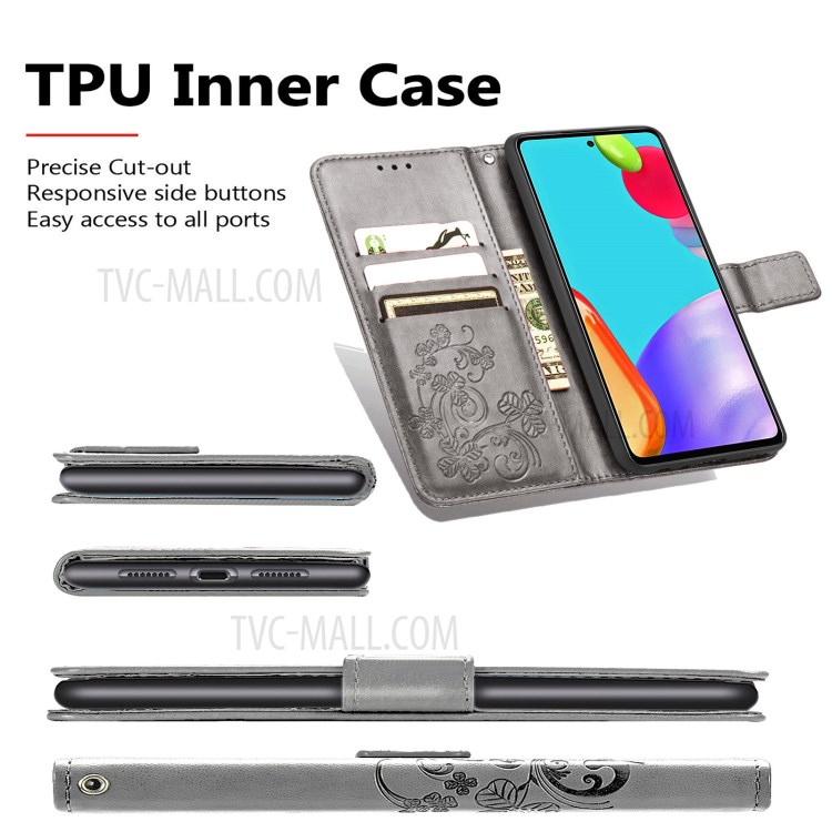 Full Protection Clover Pattern Imprinting Leather Case with Wallet Stand Design for Samsung Galaxy A72 4G/5G - Grey-7
